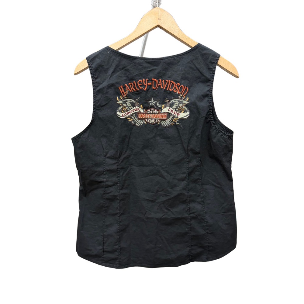 Harley-Davidson Womens‎ XL Black Embroidered Vest Biker Moto Button Front - Picture 3 of 8
